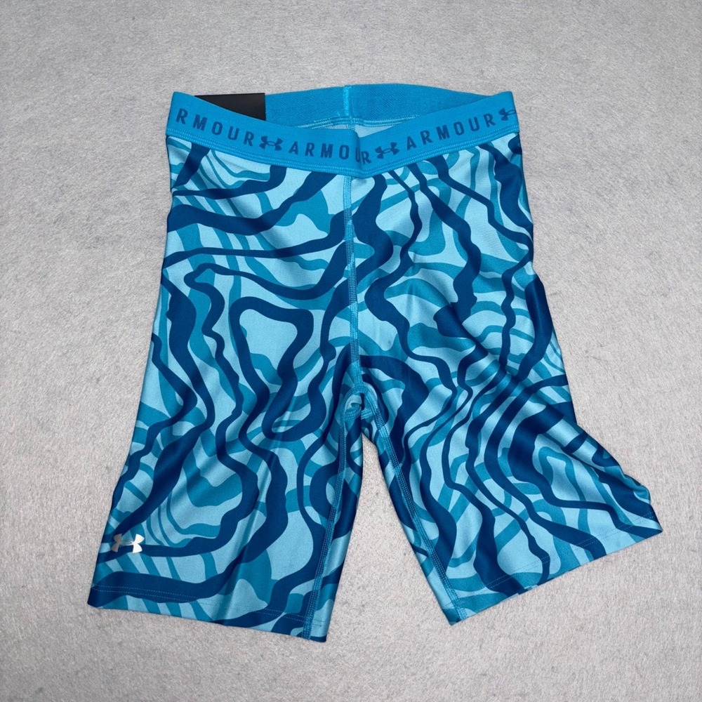Under Armour Bike Shorts Women SM Blue High Rise HeatGear Compression Athletic